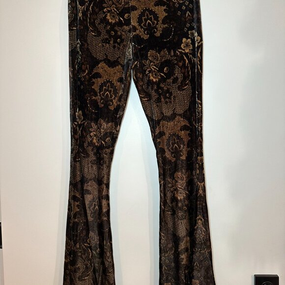 Free People Brown Velvet Flares Stretchy Boho 70s Maximal Festival Pattern Sz S - Picture 4 of 8